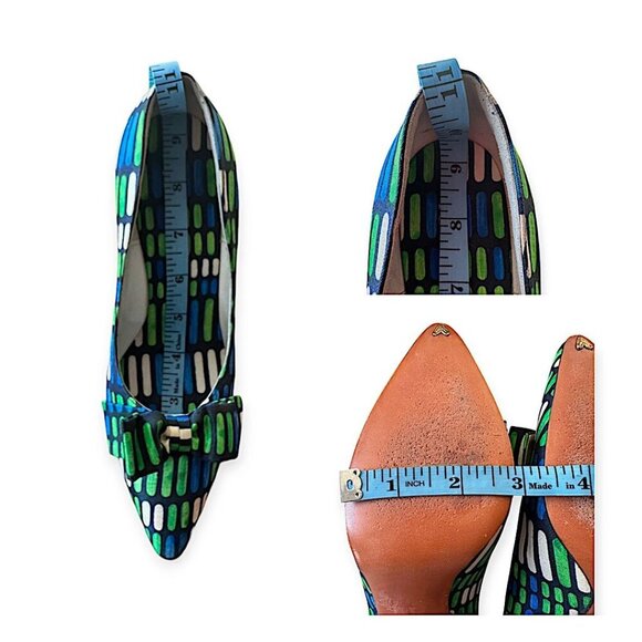 Vintage Herbert Levine Pumps |1960s Mod| Blue Green Geometric, Bow | Size 5.5A - Picture 13 of 14